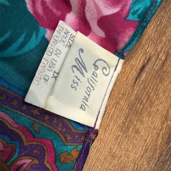 California Miss 1X VTG Floral Kimono Robe 80s/90s Teal Pink Roses Belted READ - Picture 4 of 8